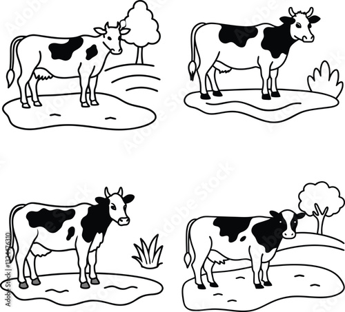 set of black and white cow line art coloring  page 