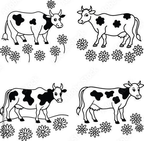 set of black and white cow line art coloring  page 