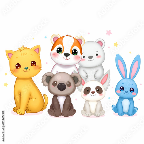 Cute Group of Cartoon Animals with Colorful Background in a Playful Setting