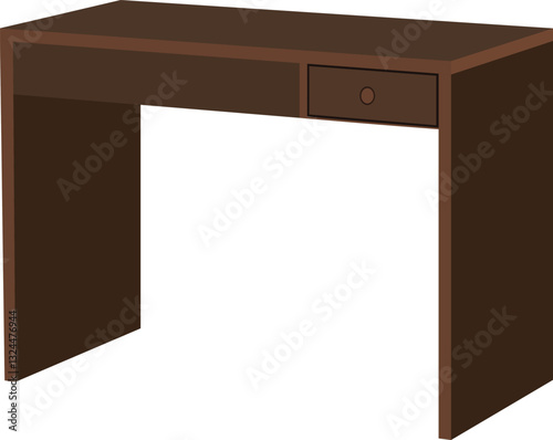 A brown desk with a drawer. The desk is empty. The drawer is open. The desk is made of wood. Simple wooden table vector illustration isolated on white background