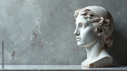 Classical Bust of a Woman in Profile, Gracefully Displayed on a Marble Surface Against a Textured Background