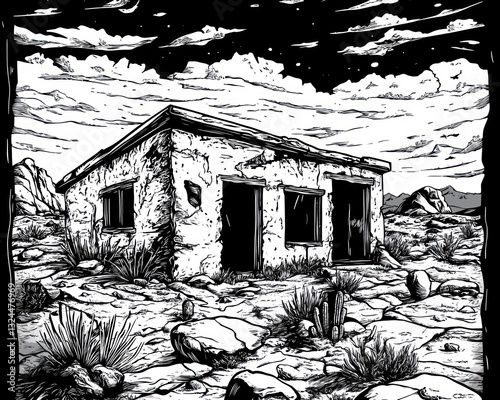 Deserted building, night sky, desert landscape, rocky terrain, southwestern art