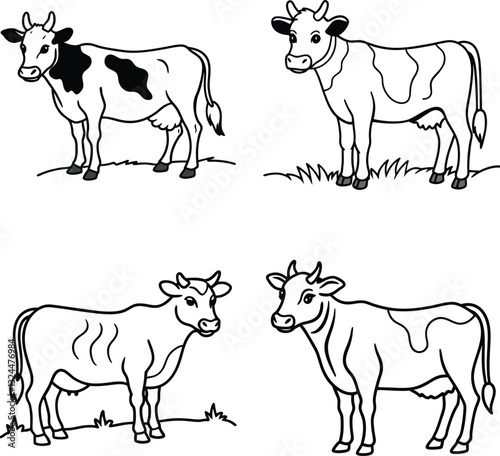 set of black and white cow line art coloring  page 