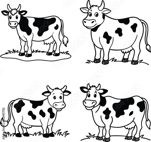 set of black and white cow line art coloring  page 