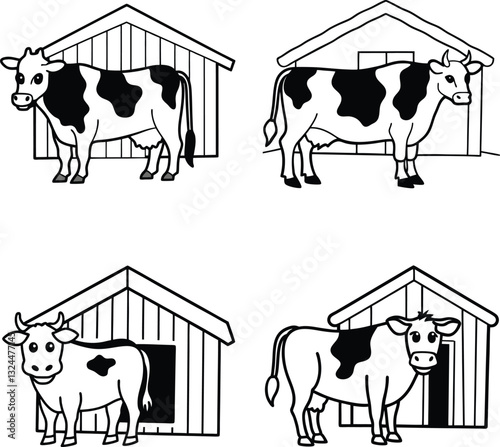set of black and white cow line art coloring  page 