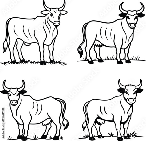 set of black and white cow line art coloring  page 