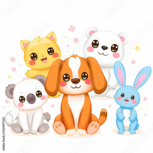 Cute Group of Cartoon Animals with Colorful Background in a Playful Setting