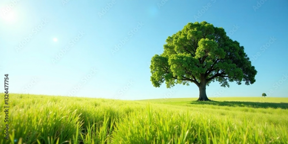 Obraz premium Serene landscape featuring a majestic tree standing tall amidst a vibrant green field under a clear, sunny sky