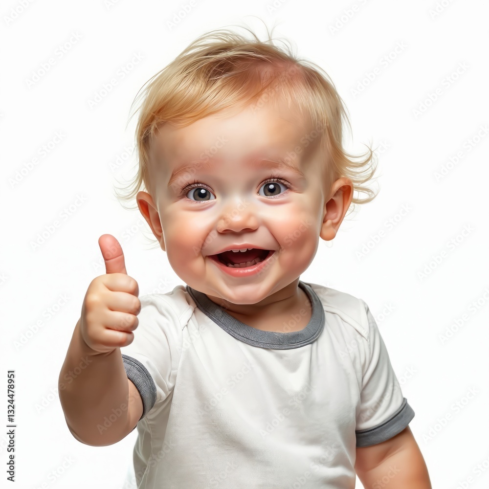 Adorable happy baby with blonde hair gives thumbs up gesture. Smiling toddler expresses joy, success, positivity, approval. Cheerful infant shows ok sign, hard fist. Isolated image for kid, childhood Adorable happy baby with blonde hair gives thumbs up gesture. Smiling toddler expresses joy, success, positivity, approval. Cheerful infant shows ok sign, hard fist. Isolated image for kid, childhood