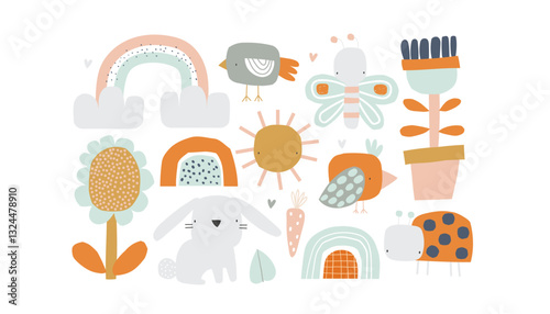 Vector set of spring elements: bunny, flowers, birds, ladybug, butterfly, sun, clouds, rainbow, carrot, hearts. Simple cartoon illustration for kids. Easter. Summer. Scandinavian style.