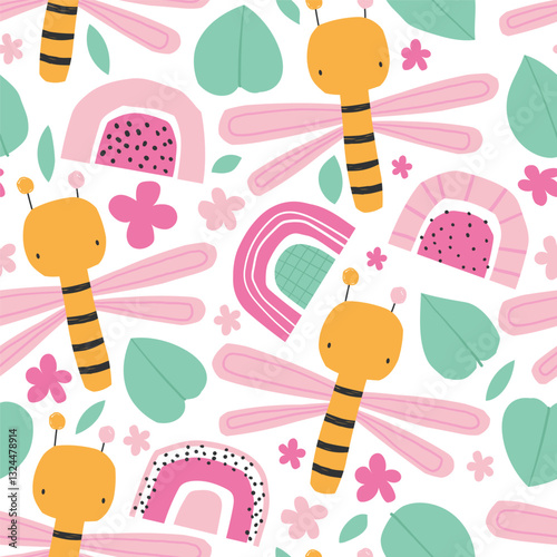 Vector seamless pattern with cute dragonflies, butterflies, rainbows, leaves and flowers. Bright summer print. Insects.  Perfect for kids' wallpaper, fabric, wrapping paper, and nursery decor.