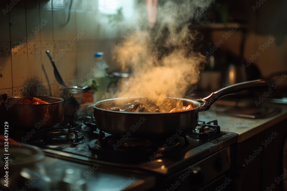 Cooking in a Domestic Kitchen with Pots and Pans on a Stove Top, Cooking, Dinner Preparation, Meal Preparation Cooking in a Domestic Kitchen with Pots and Pans on a Stove Top, Cooking, Dinner Preparation, Meal Preparation