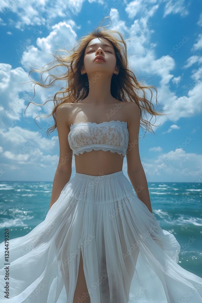 Young Woman In White Dress Against Ocean Horizon, Ethereal Fashion Portrait With Flowing Fabric, Coastal Dreamy Atmosphere, Feminine Beauty Young Woman In White Dress Against Ocean Horizon, Ethereal Fashion Portrait With Flowing Fabric, Coastal Dreamy Atmosphere, Feminine Beauty