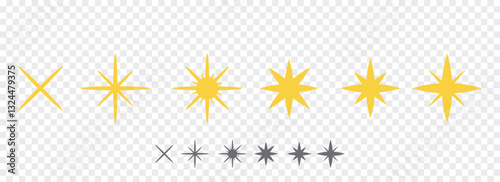 Collection of different sparkling stars symbols in yellow. Twinkle shine star shapes and light burst icons. 
