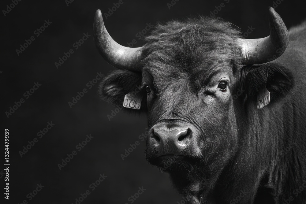 Naklejka premium Majestic Black Bull with Horns and Tagged Ears in Monochromatic Portrait