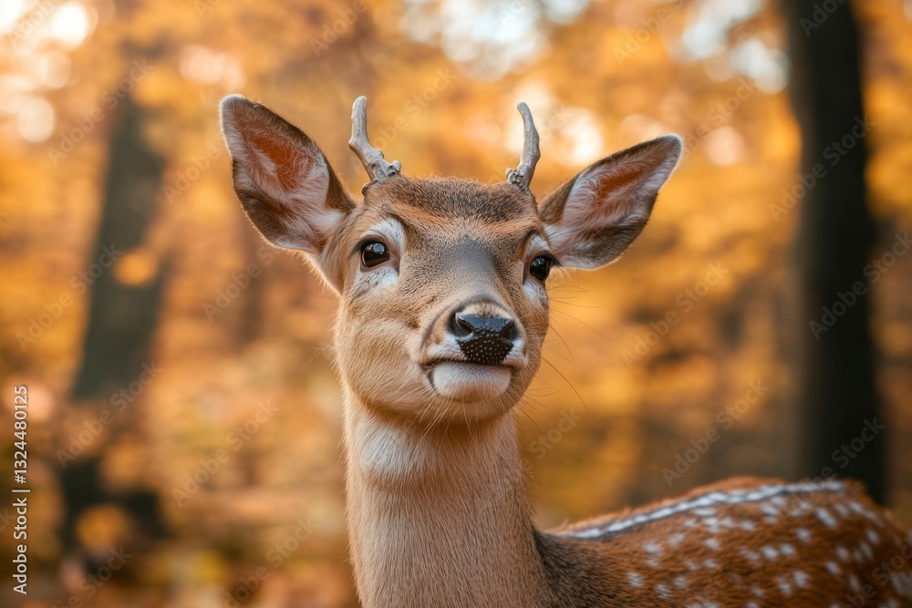 Young Fallow Deer Buck with Small Antlers in Autumn Forest - Portrait of Spotted Animal in Warm Fall Colors Young Fallow Deer Buck with Small Antlers in Autumn Forest - Portrait of Spotted Animal in Warm Fall Colors