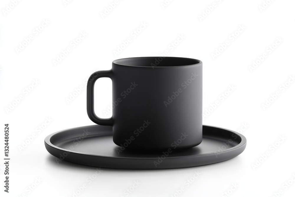 Minimalist black ceramic mug on a round tray against a clean white background Minimalist black ceramic mug on a round tray against a clean white background