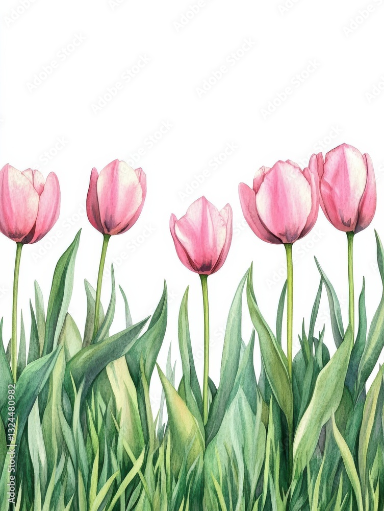 Watercolor pink tulips spring flowers in the grass background with empty space for text. Watercolor pink tulips spring flowers in the grass background with empty space for text.