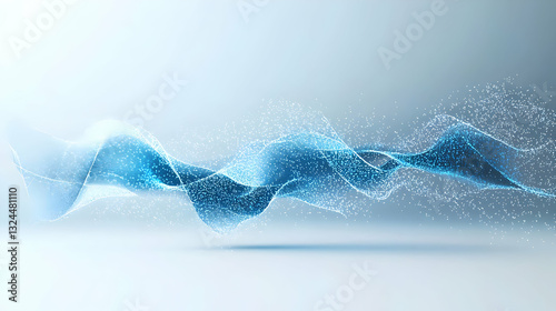 Dynamic Blue Particle Wave Flowing Smoothly in a Bright White Studio with Soft Lighting and Gradient Background for Technology Visualization