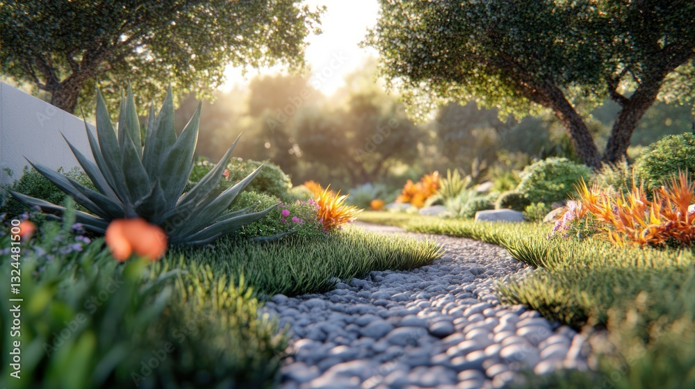 Sunlit Stone Path Through Lush Mediterranean Garden (1) Sunlit Stone Path Through Lush Mediterranean Garden (1)