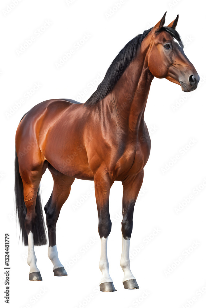 Naklejka premium Elegant Bay Horse Standing Isolated on White Background – Majestic Equine Beauty