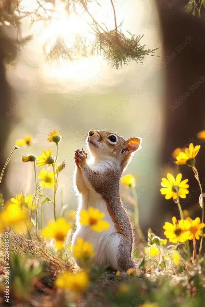 Obraz premium Cute squirrel in Spring field in forest.