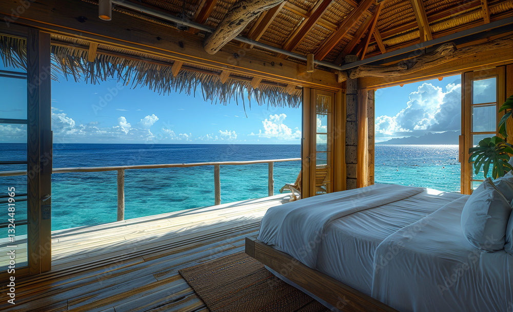 Dreamy ocean view room with serene vibes. A cozy bedroom opens to stunning ocean views and bright blue skies, inviting relaxation and tranquility. Dreamy ocean view room with serene vibes. A cozy bedroom opens to stunning ocean views and bright blue skies, inviting relaxation and tranquility.