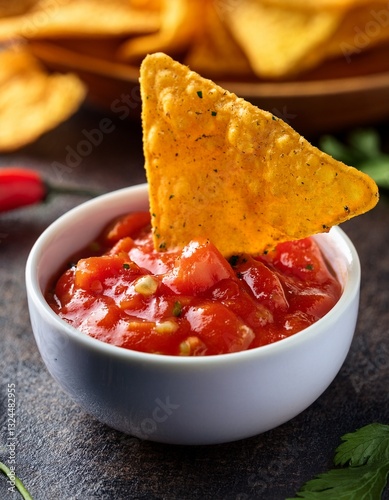 Bold Bite: A vibrant closeup captures a tortilla chip triumphantly dipped into a bowl of flavorful salsa, revealing the essence of Mexican cuisine.
