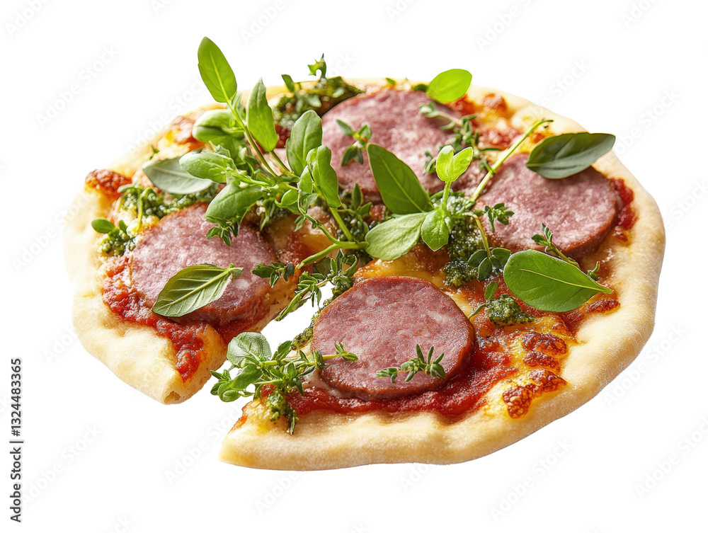 Mouthwatering pizza loaded with various toppings piled high, freshly baked and ready for enjoyment at the dinner table isolated on a white background. Mouthwatering pizza loaded with various toppings piled high, freshly baked and ready for enjoyment at the dinner table isolated on a white background.