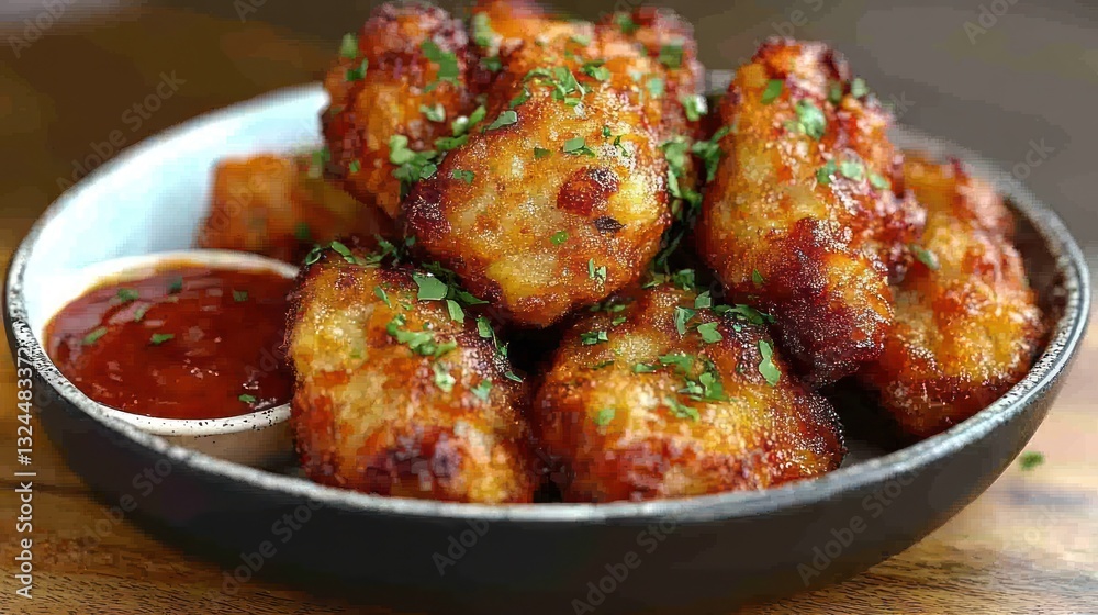 Crispy chicken bites on a plate with dipping sauce, cafe setting Crispy chicken bites on a plate with dipping sauce, cafe setting