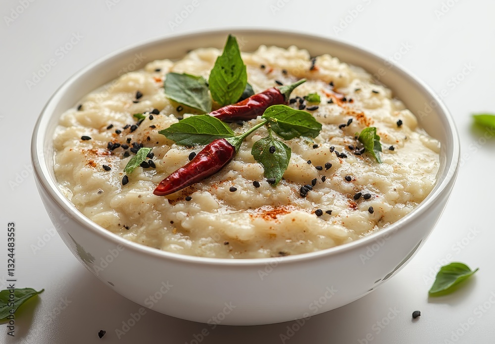 Creamy and Delicious Risotto with Fresh Basil and Chili Peppers Garnished with Black Seeds on a Bright Surface Ready for Serving Creamy and Delicious Risotto with Fresh Basil and Chili Peppers Garnished with Black Seeds on a Bright Surface Ready for Serving