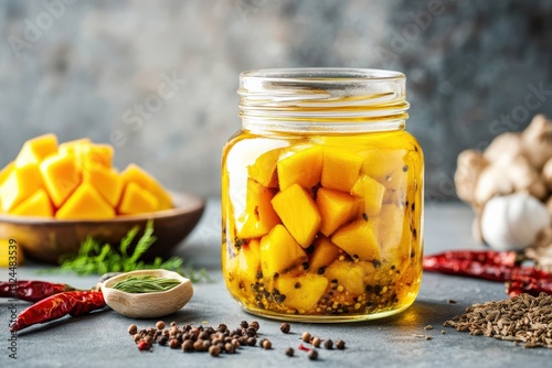 A jar of homemade mango pickle infused with mustard seeds, chili, and turmeric, placed on a rustic surface with fresh ingredients.