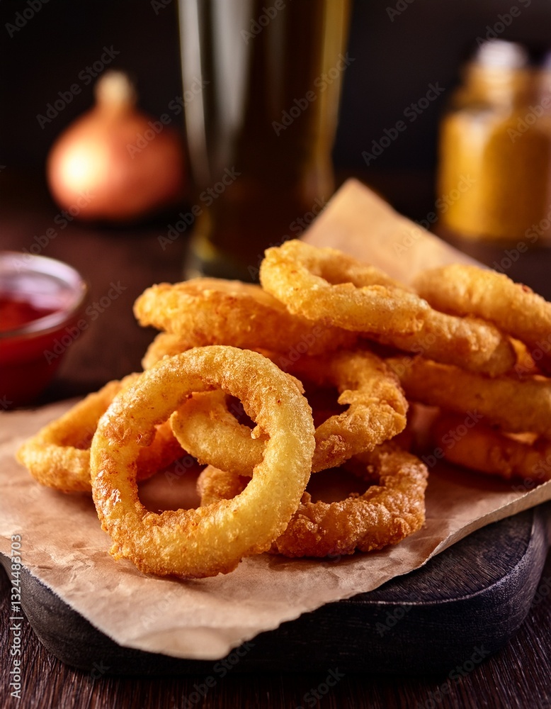 Golden Crunch: Capturing the irresistible allure of golden-brown onion rings, accompanied by ketchup, mustard, and a glass of beer. The scene evokes a sense of culinary satisfaction and conviviality. Golden Crunch: Capturing the irresistible allure of golden-brown onion rings, accompanied by ketchup, mustard, and a glass of beer. The scene evokes a sense of culinary satisfaction and conviviality.