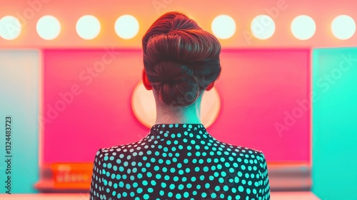 Young woman with 1960s beehive hair in retro setting