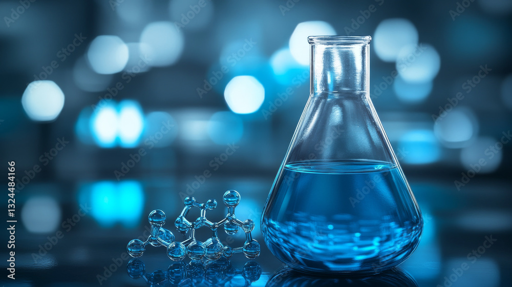 Abstract lab flask with blue liquid and chemistry molecule. Science and education concept. Polygonal laboratory glass test tube on dark background. Low poly wireframe vector illustration in technology Abstract lab flask with blue liquid and chemistry molecule. Science and education concept. Polygonal laboratory glass test tube on dark background. Low poly wireframe vector illustration in technology