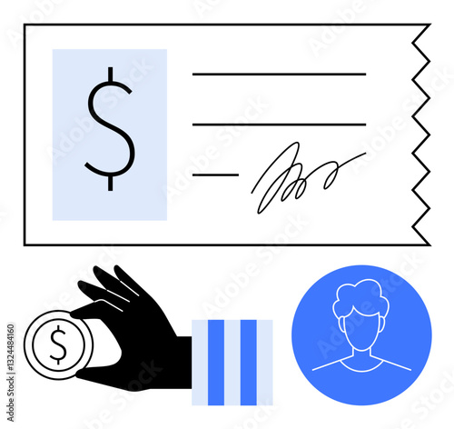 Payment receipt with dollar sign, signature, and coin held by hand alongside a customer profile avatar. Ideal for finance, payment processing, banking, accounting, customer management, transactions