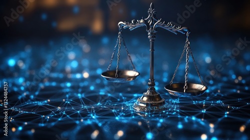 Justice scales on digital network background. Possible use Stock photo for legal, fairness, or technology themes