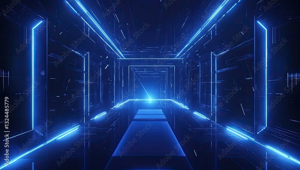Futuristic, Neon-Lit Corridor of a High-Tech, Advanced Cybernetic Facility, Leading to an Ethereal Light Source. Futuristic, Neon-Lit Corridor of a High-Tech, Advanced Cybernetic Facility, Leading to an Ethereal Light Source.