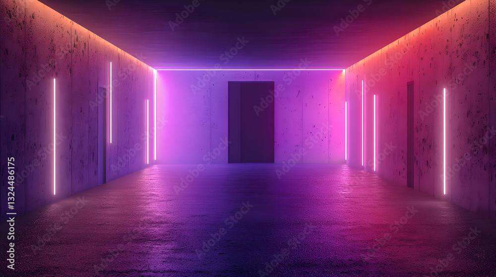Empty Concrete Corridor With Glowing Pink And Purple Neon Lights With Modern Futuristic Sci-Fi Interior Background Design Empty Concrete Corridor With Glowing Pink And Purple Neon Lights With Modern Futuristic Sci-Fi Interior Background Design