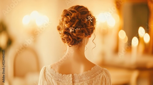 Girl with Edwardianera updo pearls ribbons in antique mirror