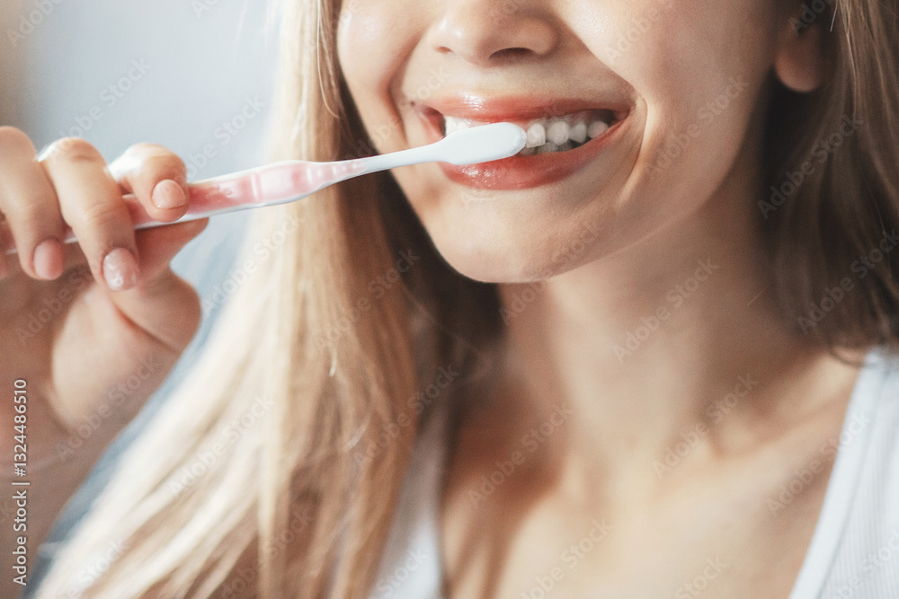 Pretty young girl with beautiful smile brushing her teeth in front of mirror at bathroom Pretty young girl with beautiful smile brushing her teeth in front of mirror at bathroom