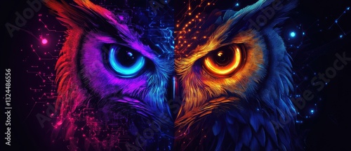 A vibrant, artistic depiction of two owls with contrasting blue and orange eyes, symbolizing duality and mystery in a cosmic background.