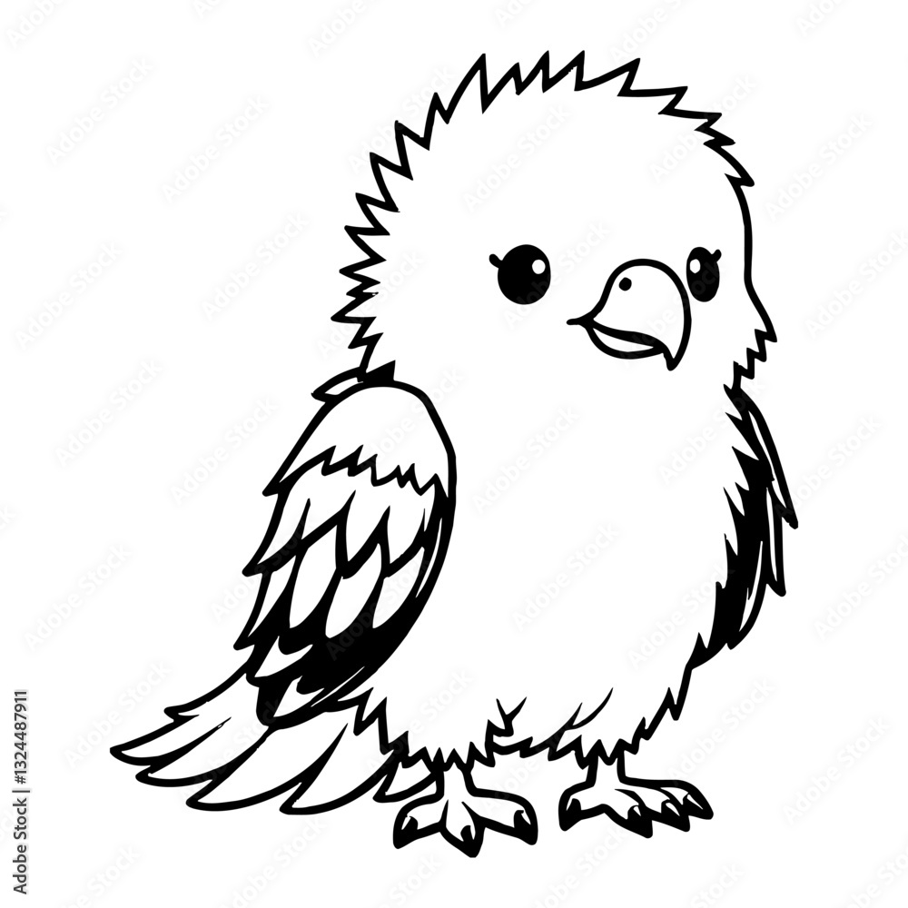 Fototapeta premium Cute Chibi Kawaii Eagle Standing Full Body Front View Detailed Black and White Outline Line Art Drawing