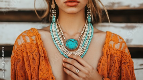 Bohemianinspired jewelry on stylish woman in vintage tones