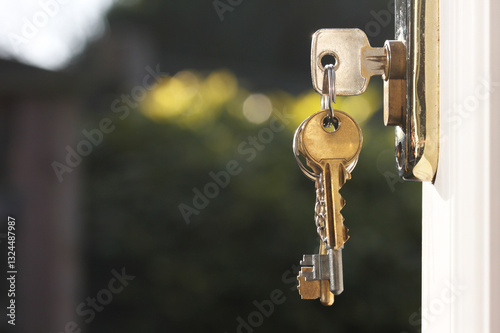Vászonkép House keys in lock of door horizontal close up copy space