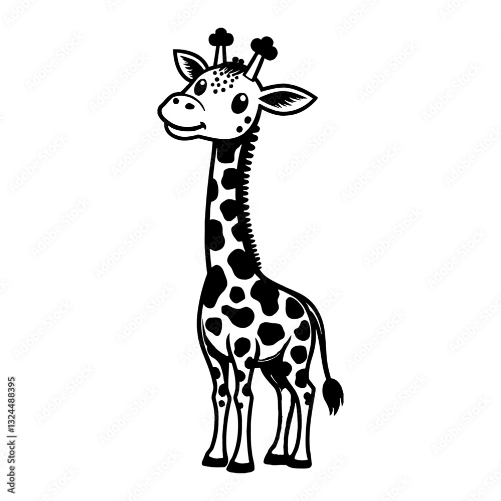 Cute Chibi Kawaii Giraffe Full Body Front View with Black and White Outline Line Art Drawing Cute Chibi Kawaii Giraffe Full Body Front View with Black and White Outline Line Art Drawing