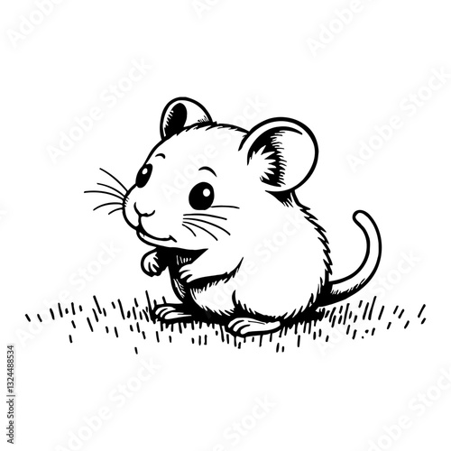 Cute Chibi Kawaii Hamster Sitting on Grass in Detailed Black and White Outline Line Art Drawing