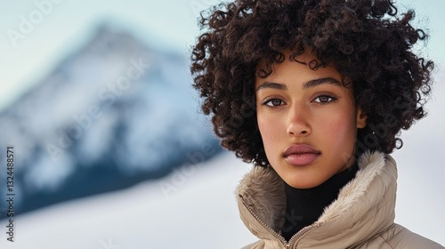 Urban fashion model displays bold curly layered hairstyle with faded sides