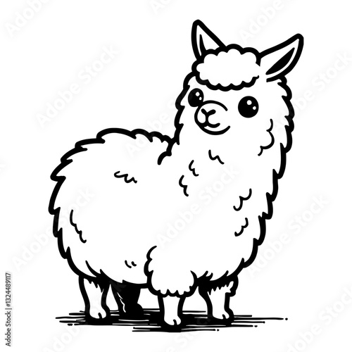 Cute Kawaii Chibi Llama Fluffy Furry in Black and White Outline Line Art Drawing Illustration