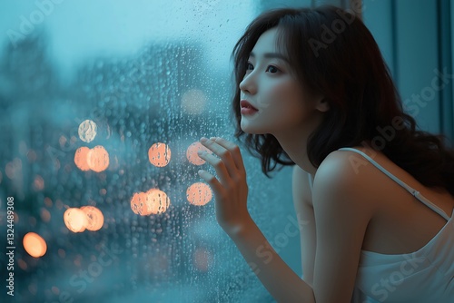 Sensual South Korean Woman by Rainy Window, Soft City Lights and Romantic Mood